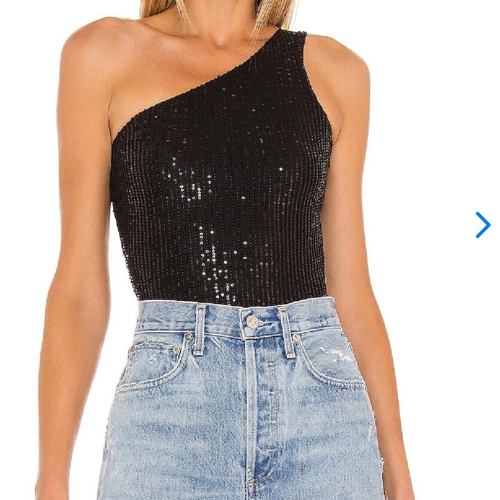 Superdown Black Sequin One-Shoulder Top, Size S